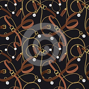Belts seamless pattern. Gold chains and pendants, bracelets and leather straps elements design for fashion wallpaper