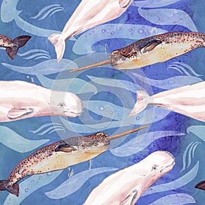 Beluga and Narwhal, hand painted watercolor illustration, seamless pattern on blue ocean surface with waves