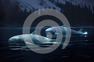 beluga whales surfacing in dark icy waters