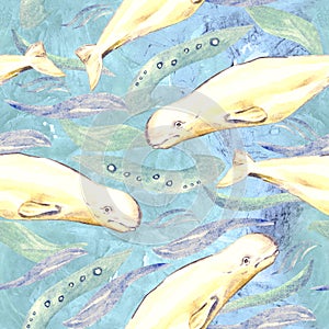 Belugas, hand painted watercolor illustration, seamless pattern on blue ocean surface with waves