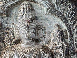 Closeup of Lord Vishnu face at Chennakeshava Temple in Belur, India