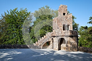 The belvedere beside the Lake of Waterfall in Quinta da Regaleira estate. Sintra. Portugal