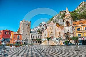 Belvedere of Taormina and San Giuseppe church on the square Piazza IX Aprile in Taormina photo