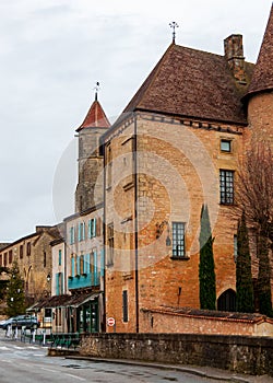 Belves, in the Dordogne-PÃ©rigord region in Aquitaine, France. Medieval village with typical houses perched on the hill