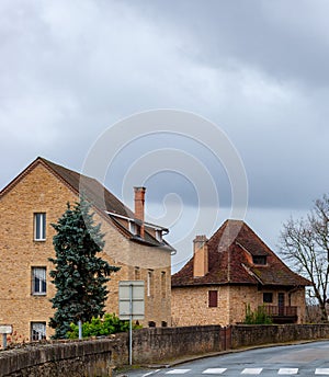 Belves, in the Dordogne-PÃ©rigord region in Aquitaine, France. Medieval village with typical houses perched on the hill