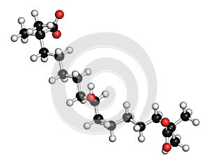 Bempedoic acid hypercholesterolemia drug molecule (ATP-citrate lyase inhibitor). 3D rendering. Atoms are represented as spheres