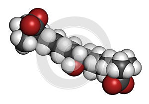 Bempedoic acid hypercholesterolemia drug molecule (ATP-citrate lyase inhibitor). 3D rendering. Atoms are represented as spheres