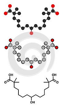 Bempedoic acid hypercholesterolemia drug molecule (ATP-citrate lyase inhibitor). Stylized 2D renderings and conventional skeletal