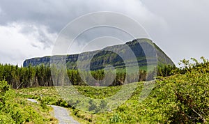Ben Bulben part of the Dartry range with a cloudy sky and a forest at it's base