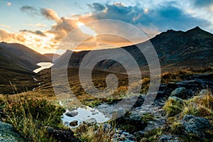 Ben Crom Reservoir in the Mourne Mountains, County Down, Northern Ireland, seen at sunset