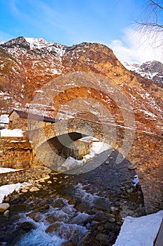 Benasque bridge over Esera river in Huesca Spain