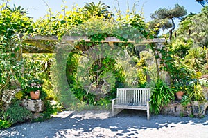 Garden Bench, flower pots. Trescao, Abby Gardens, Scilly Islands, England