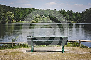 Bench against lake and forest