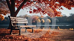 Bench in the autumn forest. Generative Ai