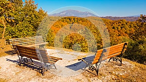 bench benches and autumn forest in Leptokarya Thesrpotias