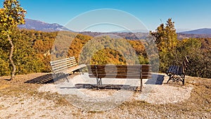 Bench benches and autumn forest in Leptokarya Thesrpotias