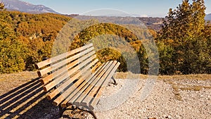 bench benches and autumn forest in Leptokarya Thesrpotias