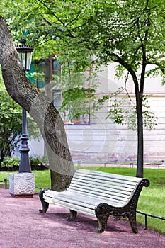 Bench with cast-iron legs. Pedestrian walkway in the park, street lamp. Photography.