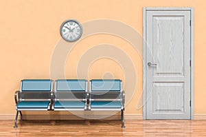 Bench or chairs in waiting room near door, 3D rendering