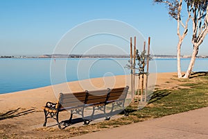 Bench at Chula Vista Bayfront Park with San Diego Bay