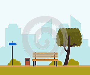 Bench on city background. Street with urban landscape. Cartoon design