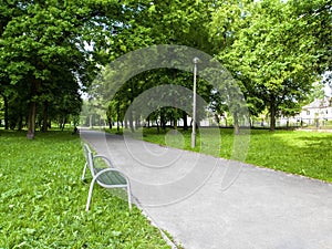 A bench at the city park alley.