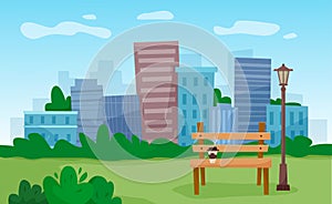 Bench in city park with skyscrapers background. Flat style illustration.