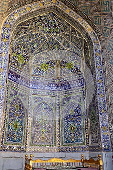 Bench in courtyard, Shir Doh Madrasa, The Registan, Samarkand, U