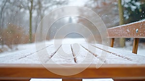 A bench covered in snow sits in a park