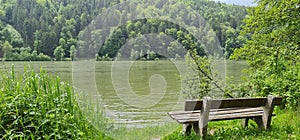 Bench on Danube River Obernzell Deutschland Austria border Ã–sterreich