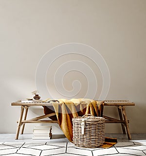 Bench with decor close up in home interior background, wall mock up