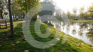 Bench on the edge of the artificial canal in the garden of the castle in Courcelles on Vesles in the Aisne