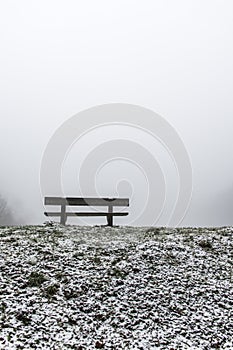 Bench empty seat in wood trees winter and fog 12