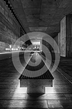 Bench and exterior of modern architecture in West Kowloon Cultural District in Hong Kong city