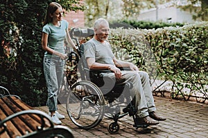 Bench and Family with Old Man. Stroller with Aged.