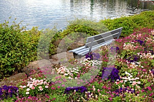 Bench and flowers at alpen lake in Montreux (Switzerland) photo