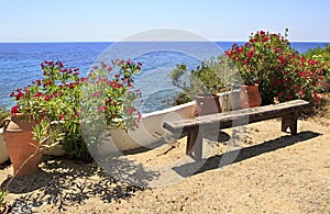 Bench and flowers on background of Aegean Sea.