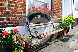 Bench flowers pots sidewalk