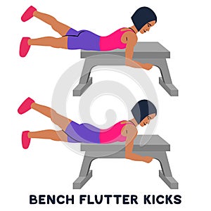 Bench flutter kicks. Sport exersice. Silhouettes of woman doing exercise. Workout, training