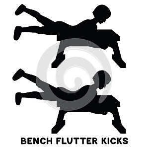 Bench flutter kicks. Sport exersice. Silhouettes of woman doing exercise. Workout, training