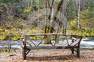 Bench in forest. wooden bench on the riverbank. colorful landscapes on an autumn day photo