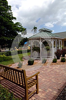 Bench and gazebo in courtyard