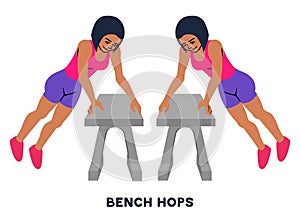 Bench hops. Box jumps. Bench jump over. Sport exersice. Silhouettes of woman doing exercise. Workout, training