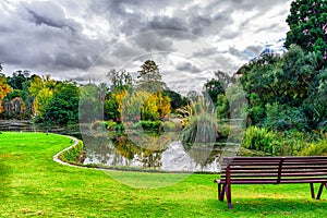 Bench and lake in Royal Botanic Gardens, Melbourne