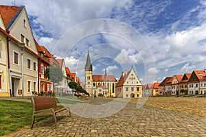 St. Egidius Basilica and city hall in old city of Bardejov, Slovakia