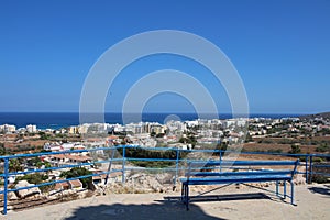 A bench on the observation deck next to the Church of St. Elijah in Protaras. Cyprus