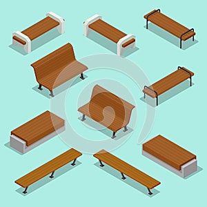Bench. Outdoor park benches Icon Set. Wooden benches for rest in the park. Flat 3d isometric vector illustration for