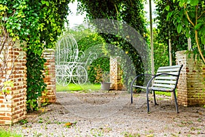 Bench with the overgrown canopy in home landscaped garden in summer. Beautiful flower garden with paving path in backyard