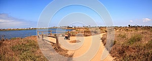 Bench overlooking the peaceful and tranquil marsh of Bolsa Chica wetlands photo