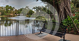 Bench overlooking a pond at the Garden of Hope and Courage